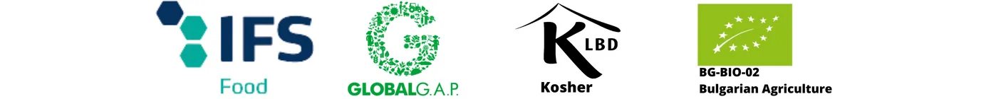 Сертификати: IFS Food, GLOBALG.A.P., Kosher, БИО земеделие на ЕС